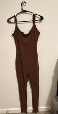 Heart & Hips Brown Ribbed V-Neck Sleeveless Stretch Skinny Leg Jumpsuit S